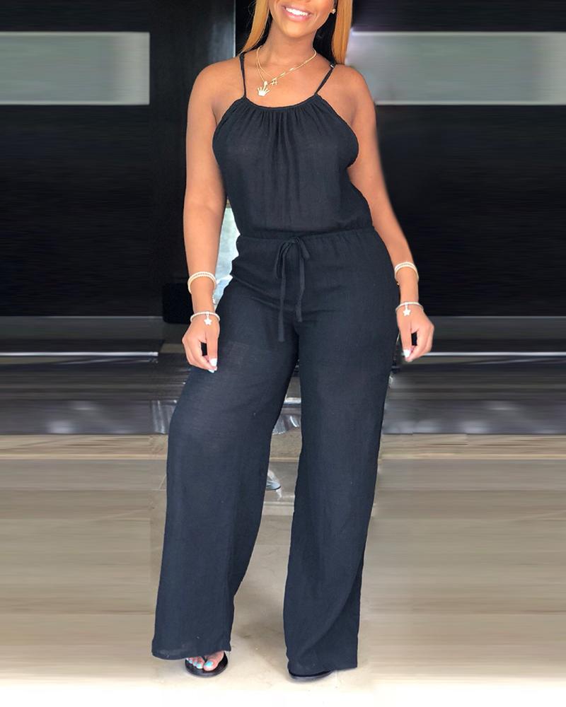 

Spaghetti Strap Drawstring Design Wide Leg Jumpsuit, Black