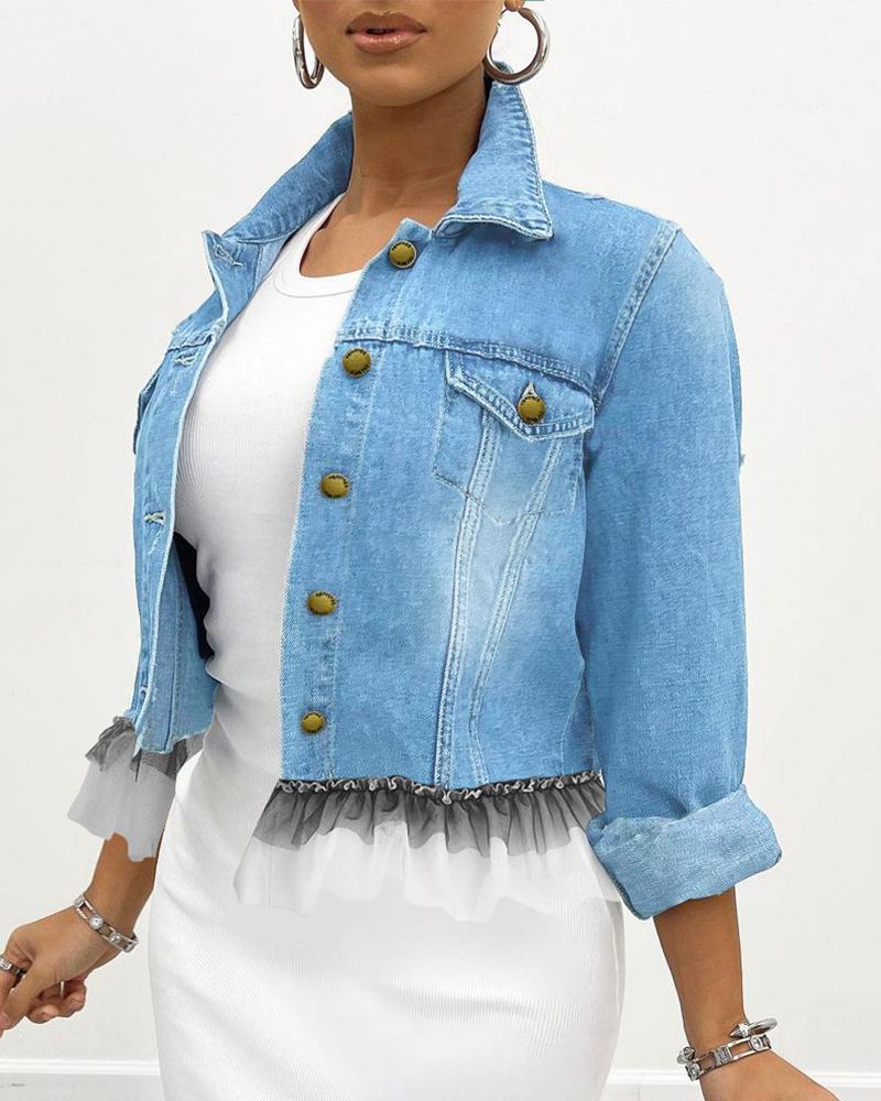 

Contrast Mesh Flap Detail Button Up Denim Coat, Lighted blue