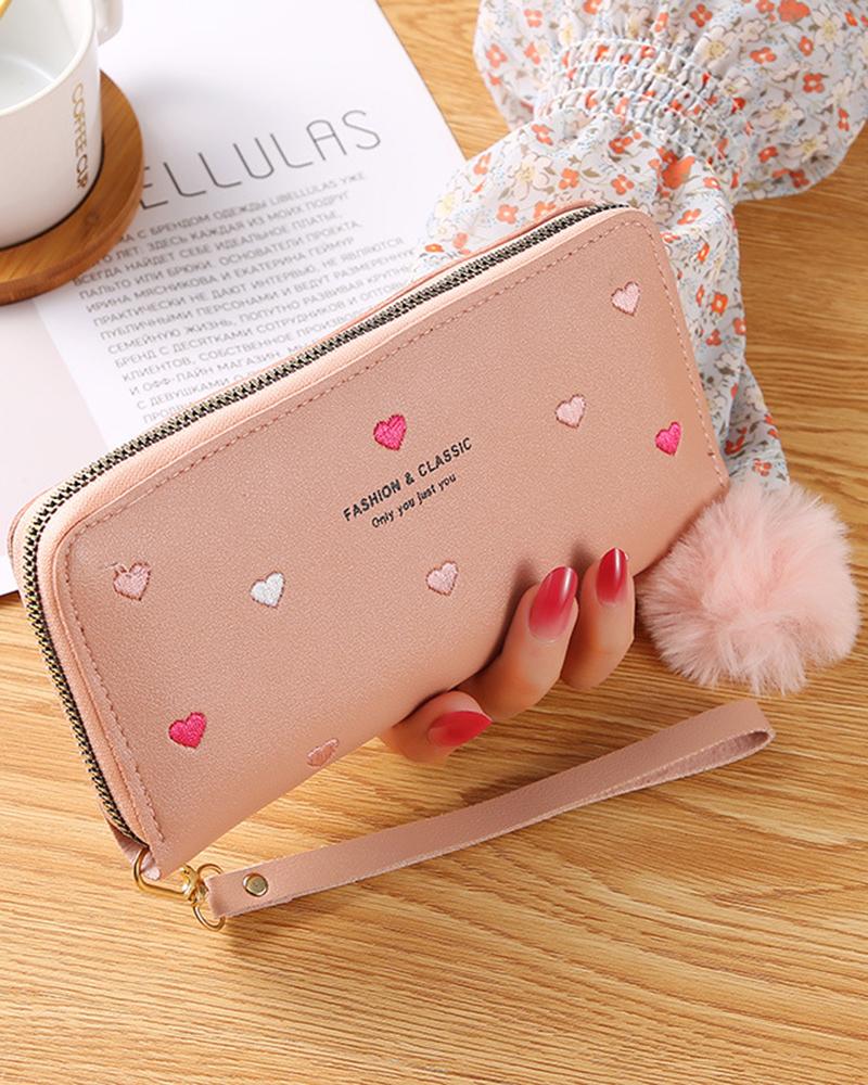 

Heart Pattern Pom Pom Zipper Purse, Pink