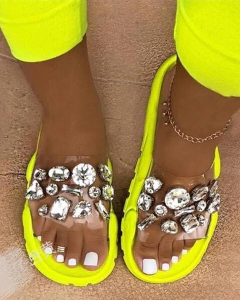 

Round-toe Clear Strap Splicing Rhinestone Platform Slippers, Yellow