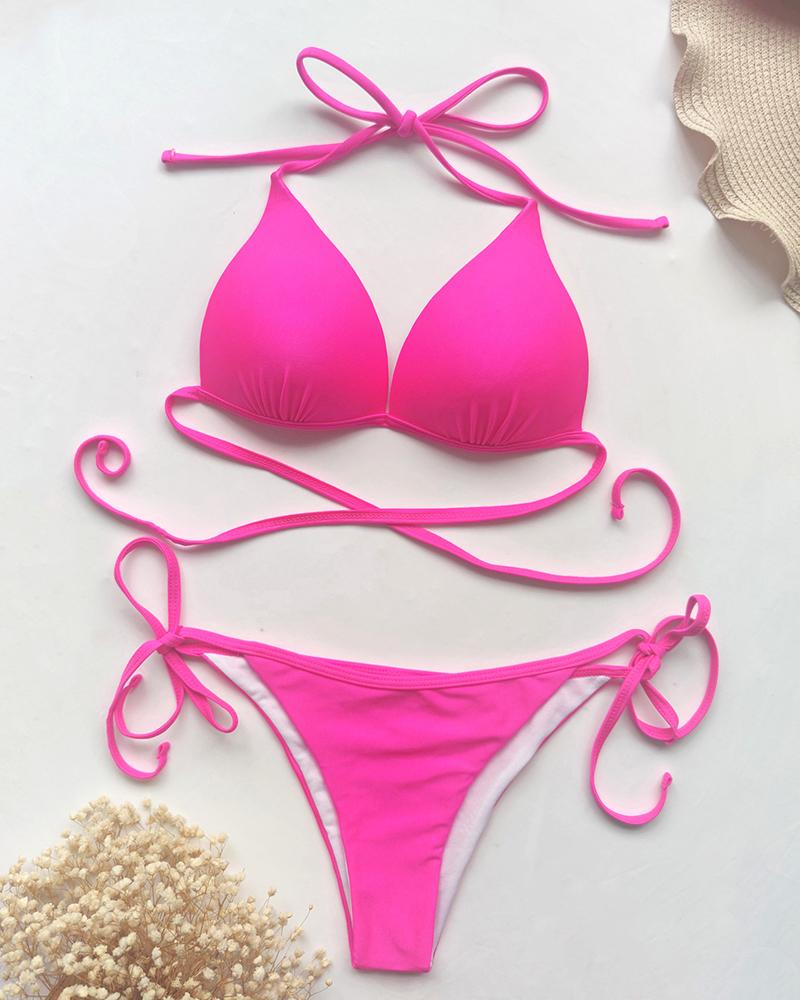 

Tied Detail Sleeveless Bikini Set, Hot pink