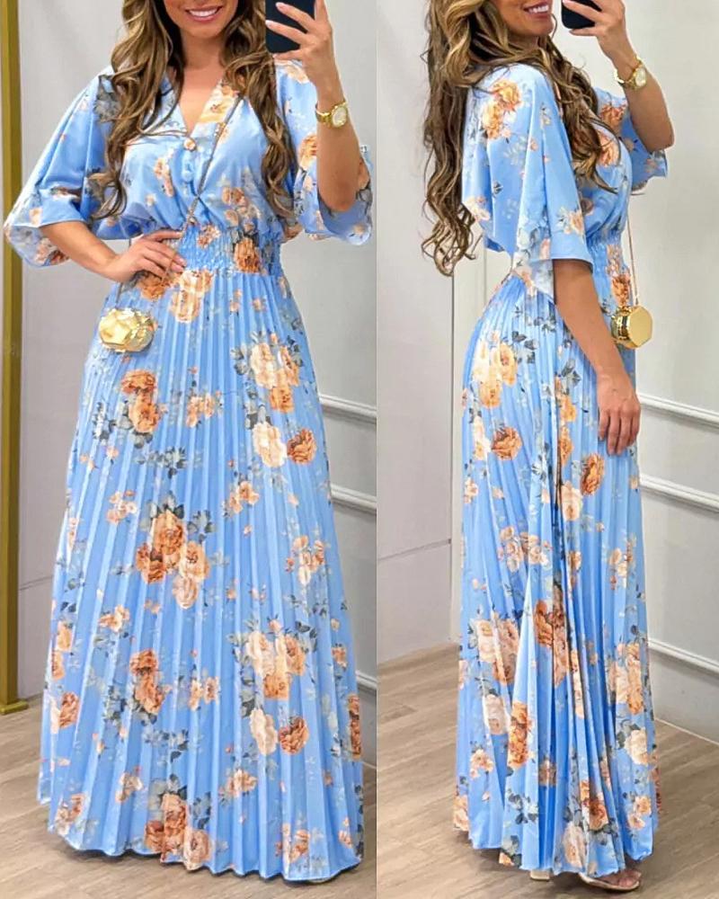 

Floral print V Neck Bell Sleeve Waist Pleated Maxi Dress Casual Shirred Flowy A Line Dress, Lighted blue