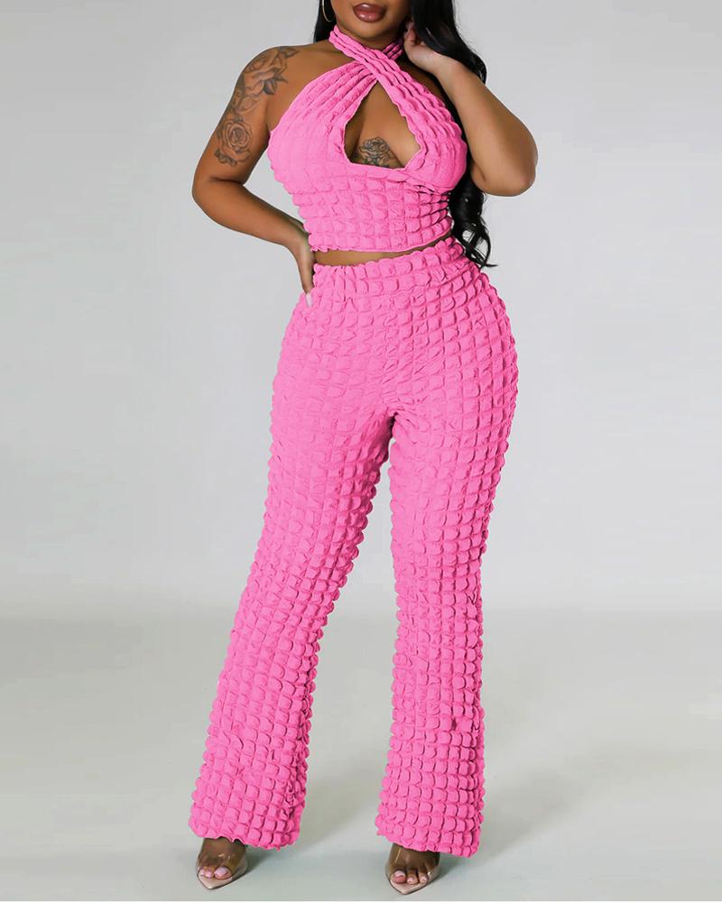 

Cross Halter Bubble Textured Crop Top & Pants Set, Pink