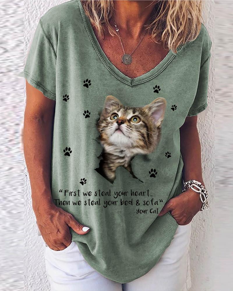 

Cartoon Kitty And Letter Print Short Sleeve T-shirt, Green