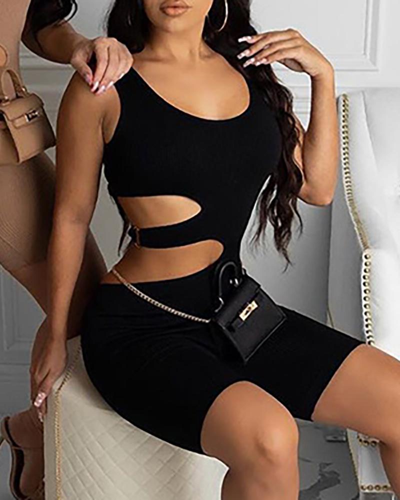 

Cutout O-Ring Knit Skinny Romper, Black