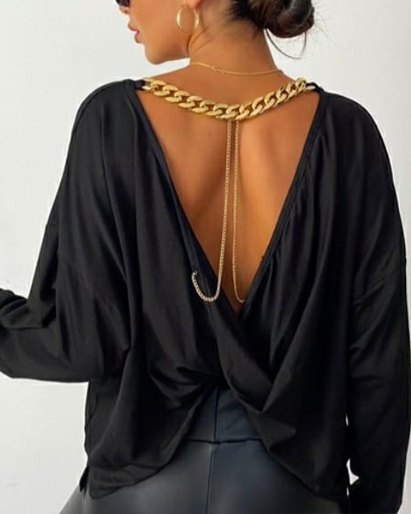 

Chain Decor Twist Back Long Sleeve Tee, Black