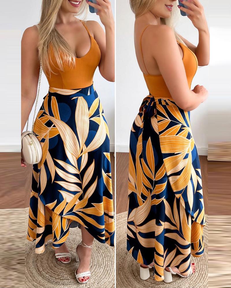 

V-Neck Cami Top & Tropical Print Skirt Set, Yellow