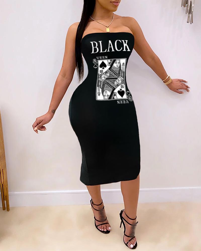 

Off Shoulder Letter Poker Print Slit Dress, Black