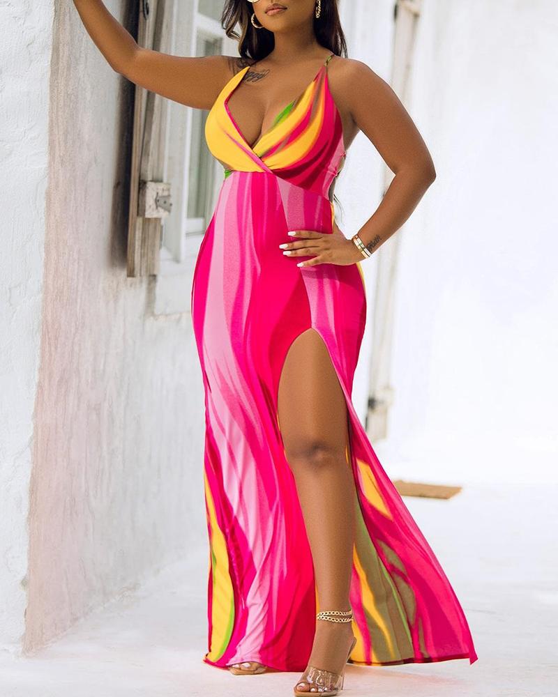 

Colorblock Spaghetti Strap High Slit Dress, Multicolor