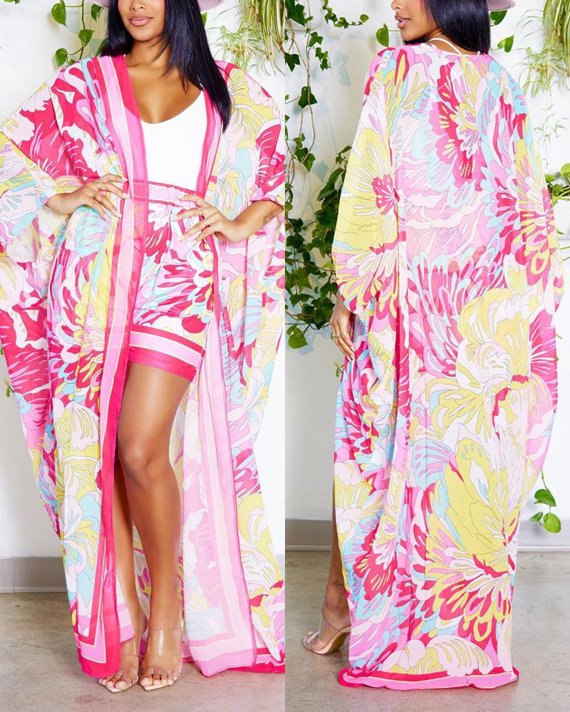 

All Over Print Longline Cover Up Top & Shorts Set, Hot pink