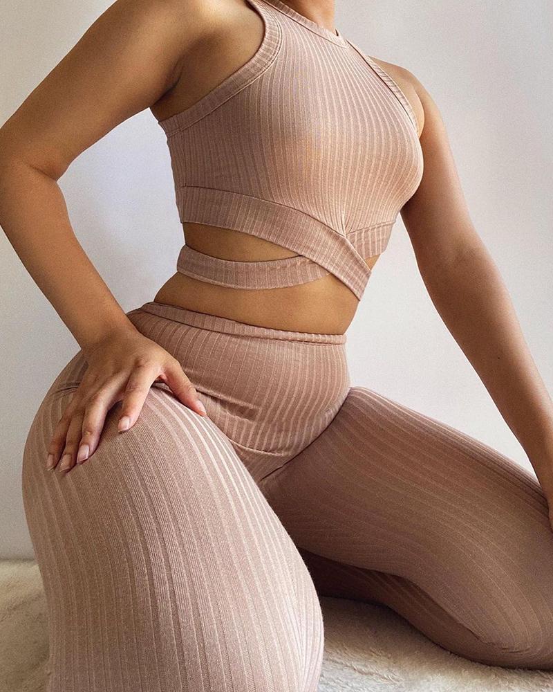 

Ribbed Cross Crop Top & High Waist Pants Sets, Apricot