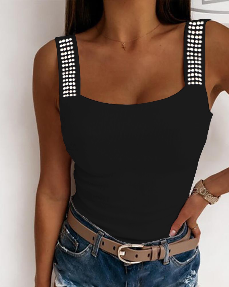 

Rhinestone Decor Square Neck Tank Top, Black
