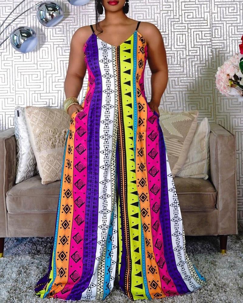 

Geo Pattern Print Colorblock Wide Leg Jumpsuit, Multicolor