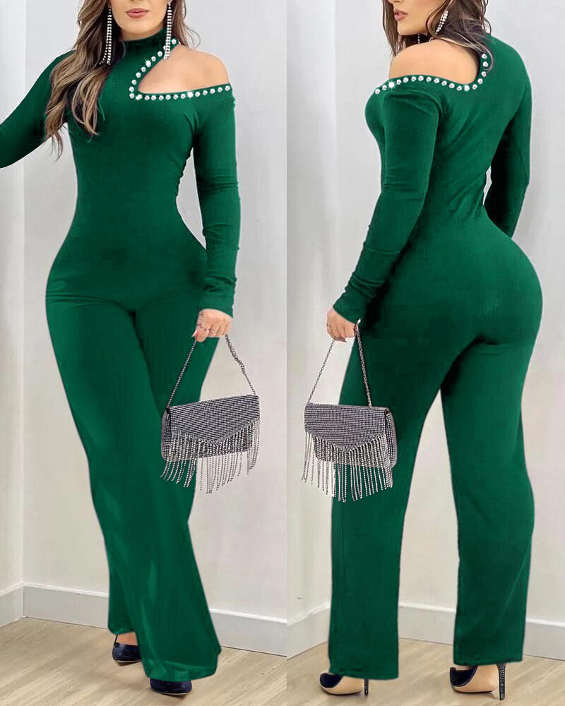 

Macacão com strass, ombro vazado, gola alta, manga comprida, slim fit, flared, Green