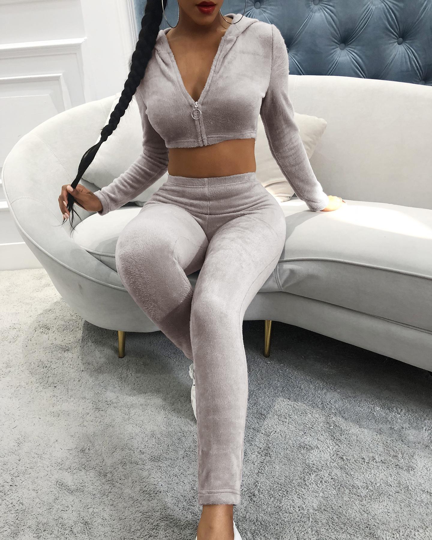 

Fluffy Zipper Design Hooded Crop Top & Skinny Pants Set, Beige