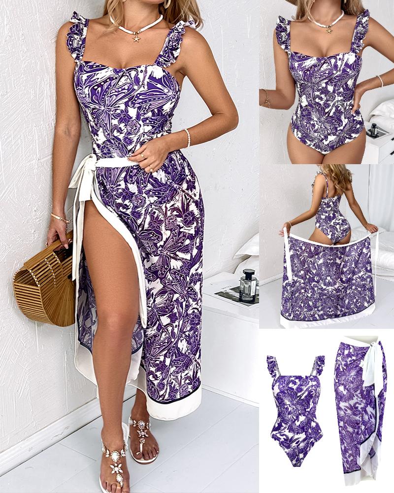 

Dragonfly Floral Print One-Piece Swimsuit With Cover Up, Purple