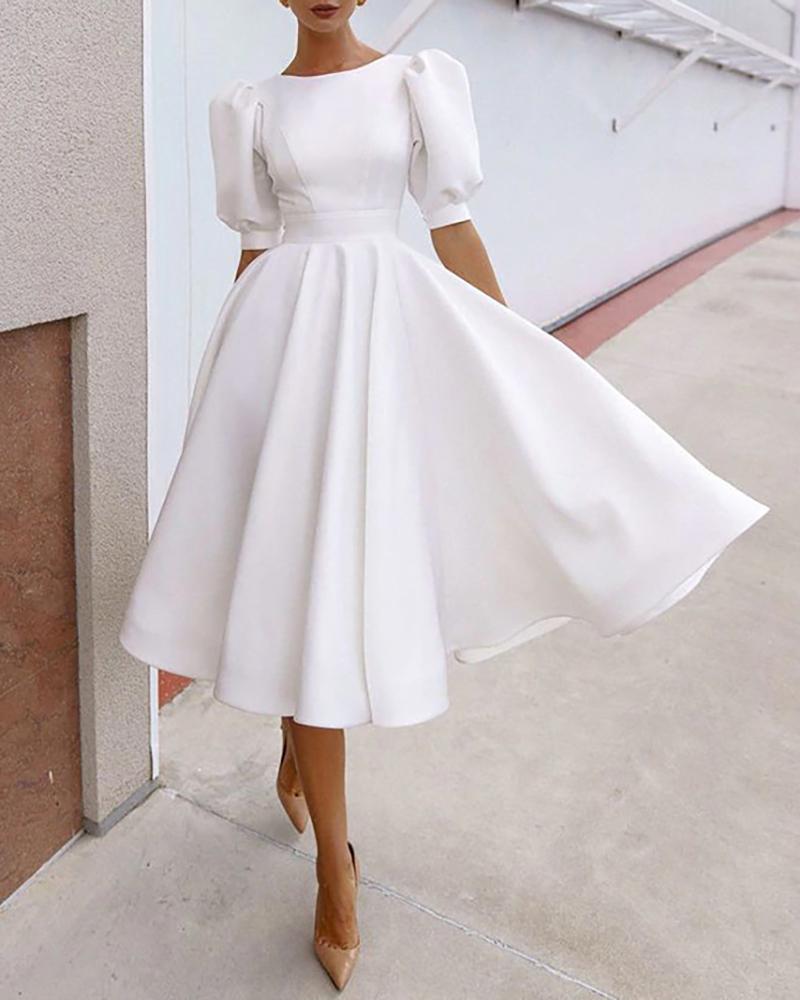

Puff Sleeve Cutout Ruched Party Dress, White