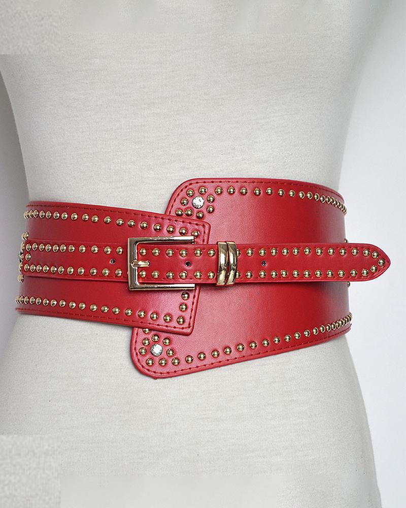 

1pc Asymmetrical Studded Decor Wide Belt, Red