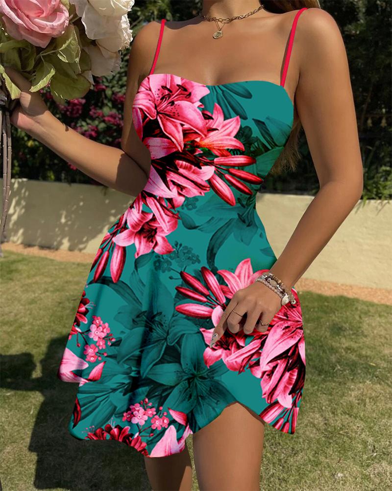 

Floral Print Spaghetti Strap Mini Dress, Green