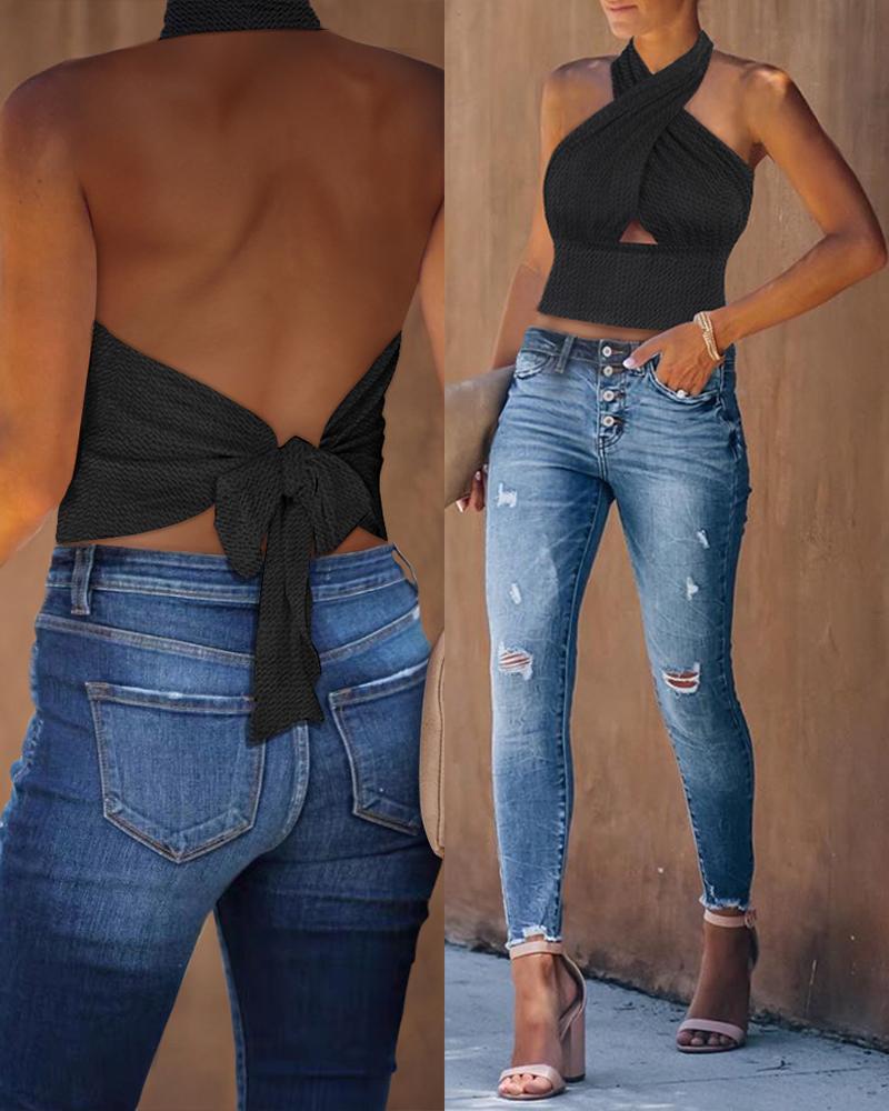 

Crisscross Halter Backless Textured Knit Crop Top, Black