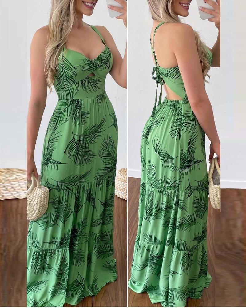 Vestido largo sin espalda con detalle atado y estampado de hojas