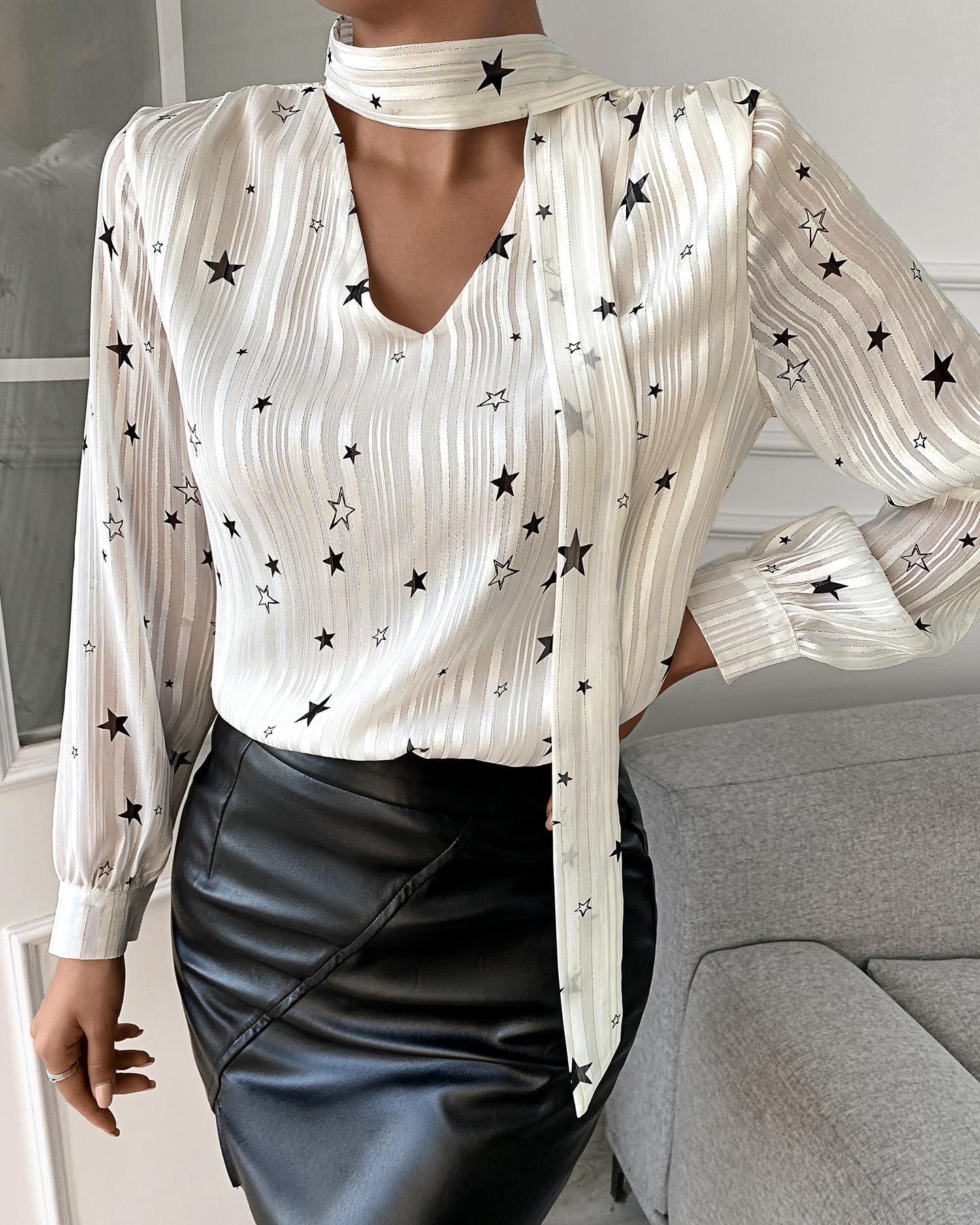 

All Over Print V Neck Long Sleeve Top, White