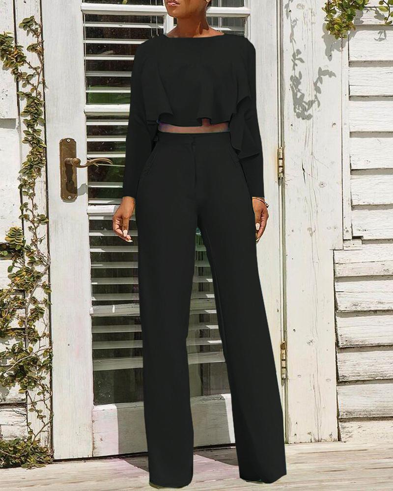 

Long Sleeve Ruffle Hem Crop Top & Pocket Wide Leg Pants Set, Black