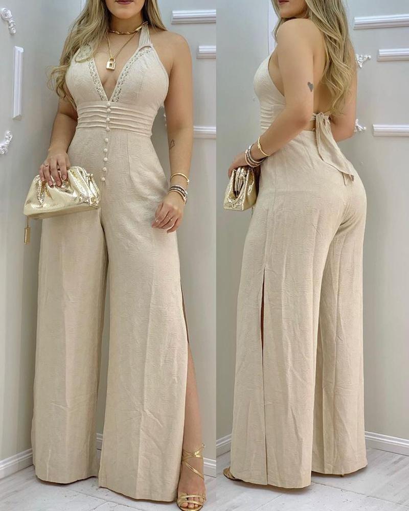 

Lace Trim Buttoned Backless Slit Jumpsuit, Beige