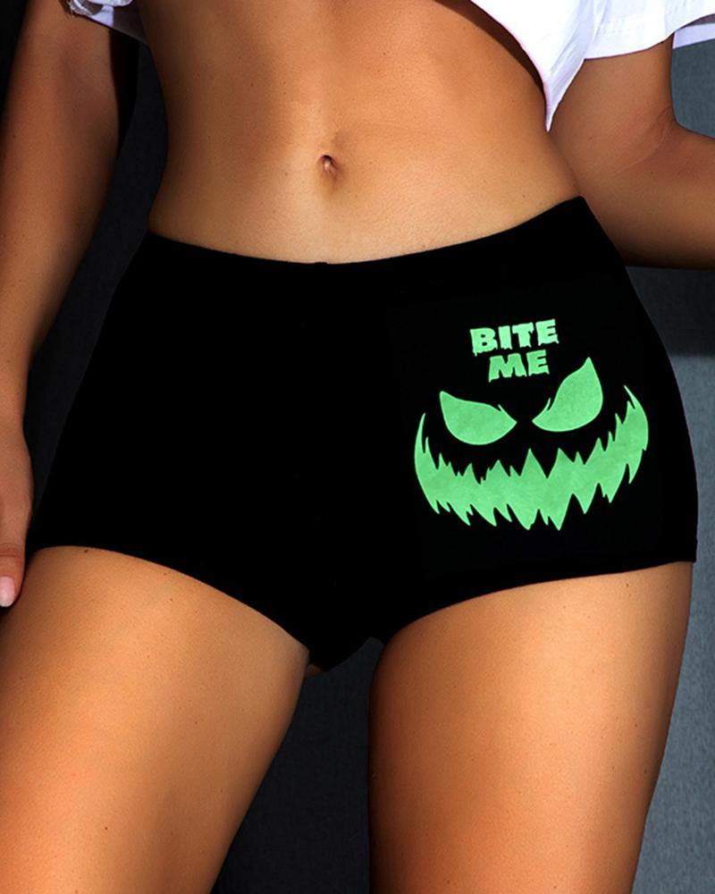 

Halloween Luminous Bite Me Scary Face Print Front Panty, Black