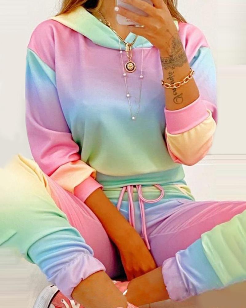 

Two Piece Sets Casual Long Sleeve Clolorblock Hooded Top & Drawstring Pants Sets, Multicolor