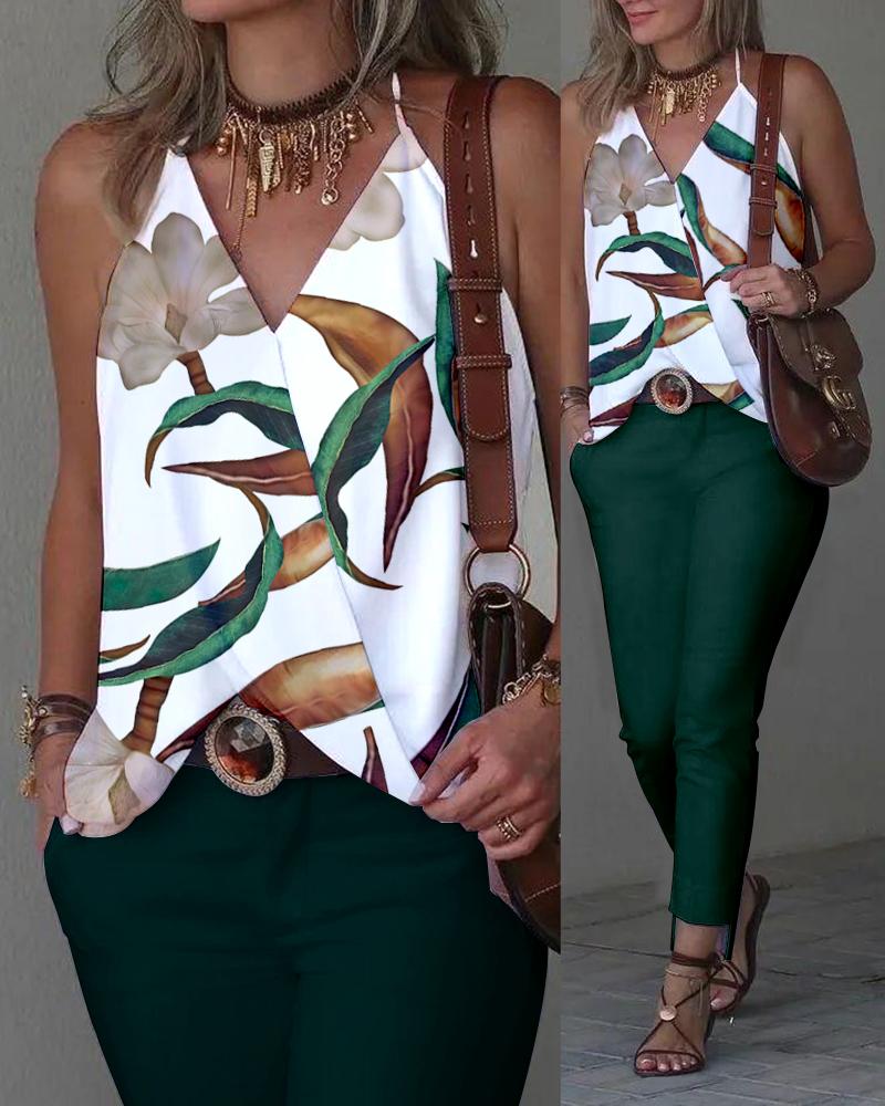

Tropical Print Halter Tank Top & Pants Set, Dark green
