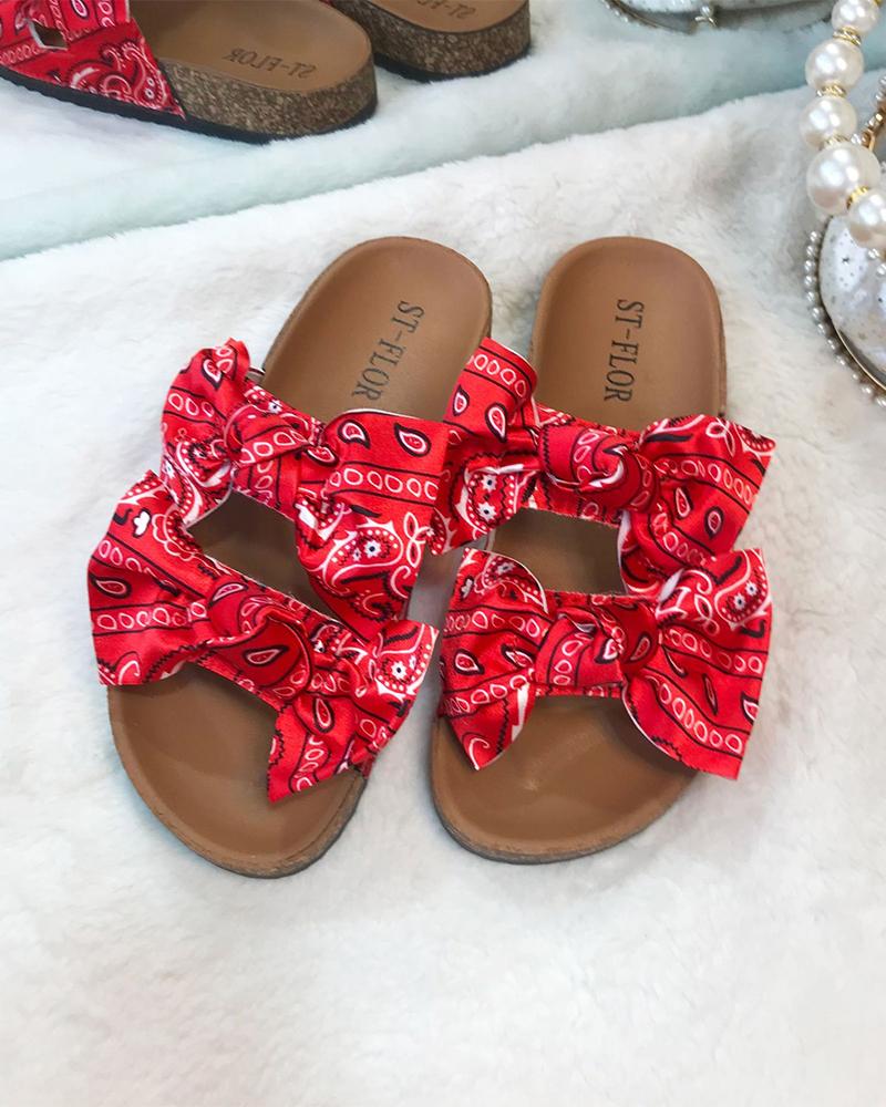 

Floral Print Double Bowknot Upper Cut-out Flat Sandals, Red