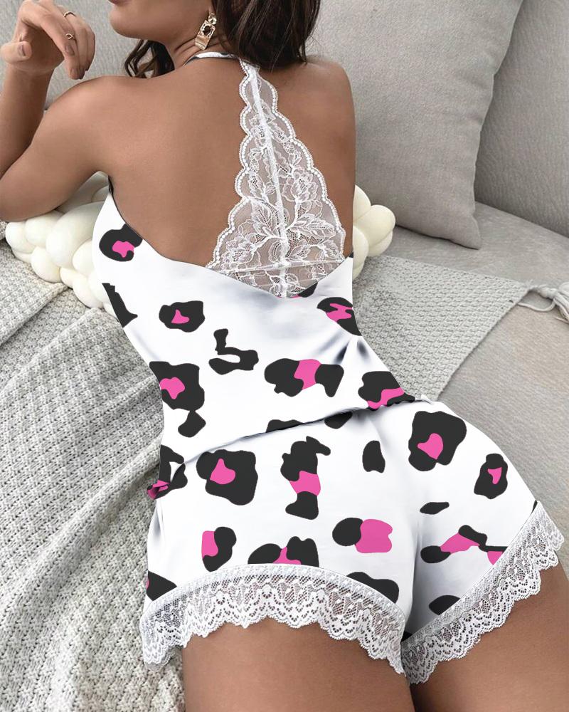 

Pink Leopard Print Lace Patch Sleep Cami Set, White
