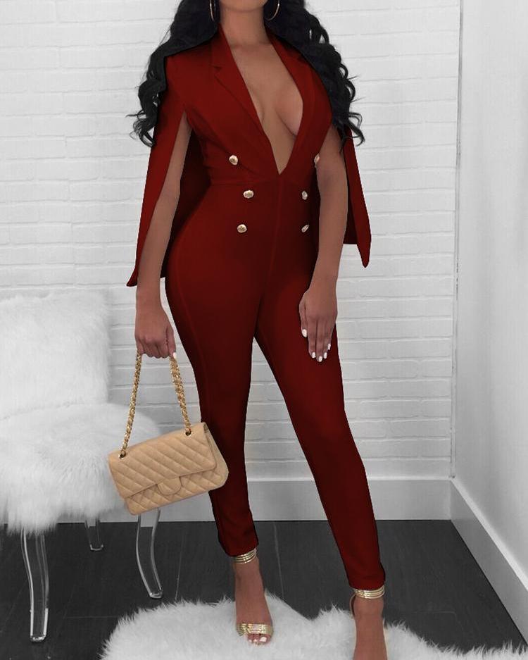 

Deep V Neck Cape Design Blazer Jumpsuit, Red