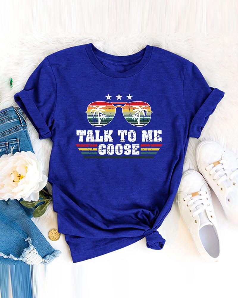 

Letter Print Short Sleeve Casual T-shirt, Blue