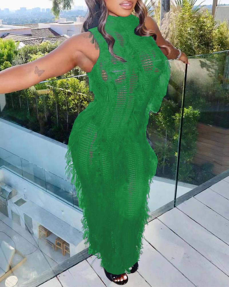 

Sleeveless Tassel Design Crochet Cover Up Beach Dress, Green