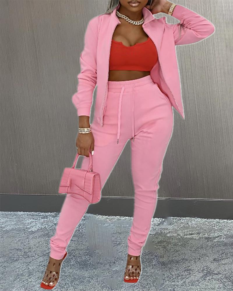 

Long Sleeve Zipper Design Coat & Drawstring Pants Set, Pink