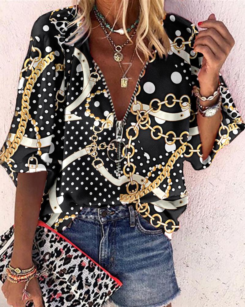 

Chain Polka Dot Print Zip Front Casual Top, Black