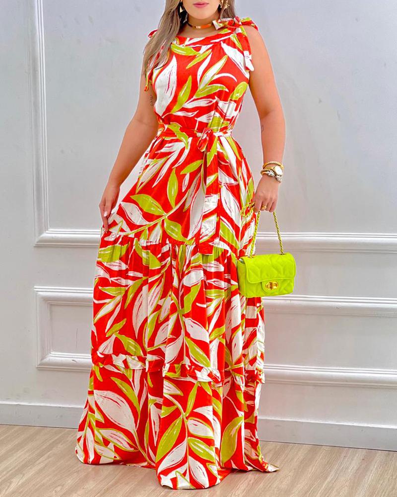 

Plants Print Tied Detail Sleeveless Maxi Dress, Orange