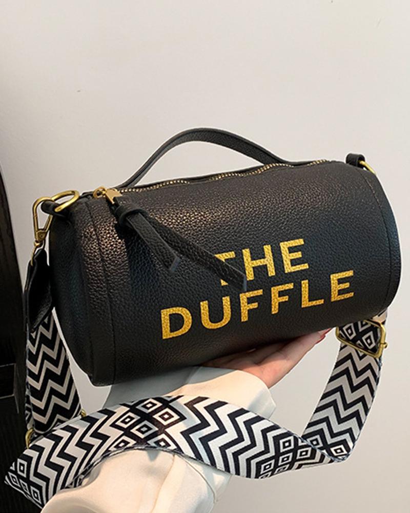 

Letter Print Tape Patch Cylinder Crossbody Handbag, Black