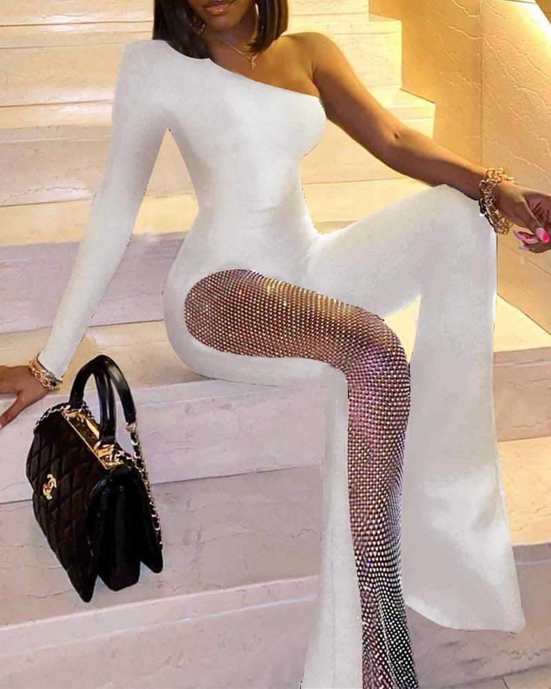 

Rhinestone One Shoulder Flare Leg Skinny Jumpsuit, White