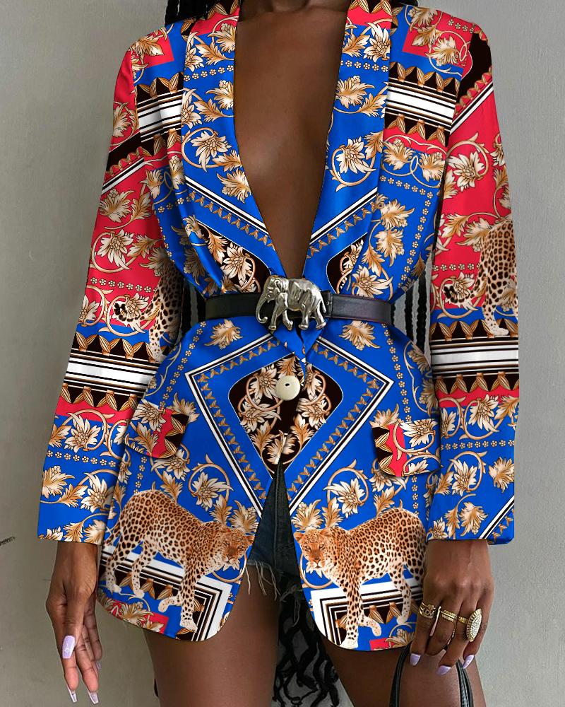 

Scarf Print Shawl Collar Flap Detail Single Button Blazer, Blue