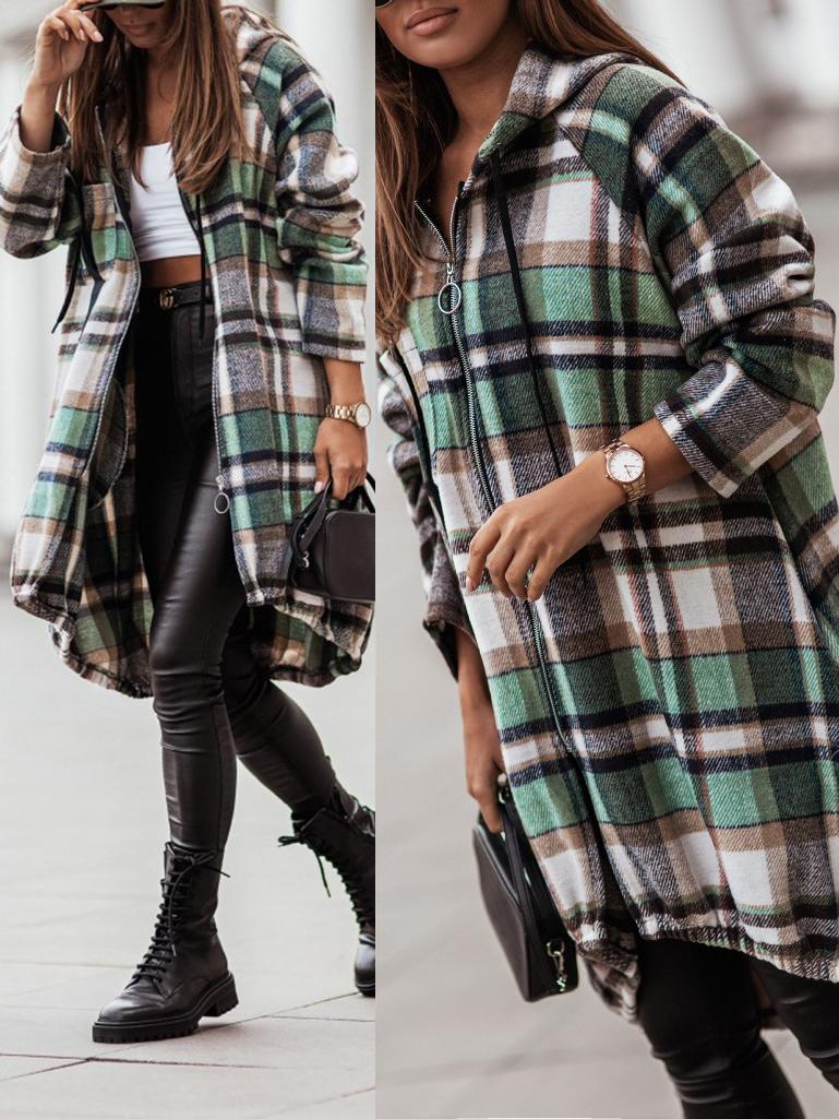 

Plaid Print Zip Up Hooded Shacket, Green