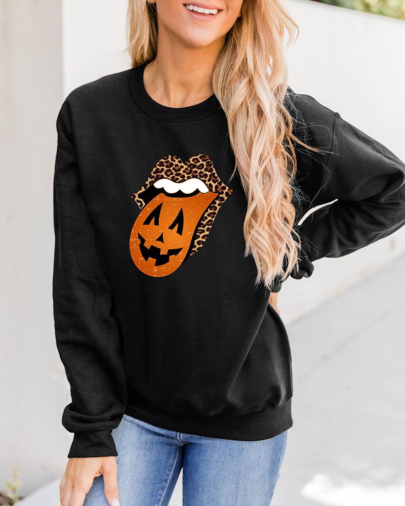

Halloween O Neck Cheetah Lip Print Sweatshirt, Black