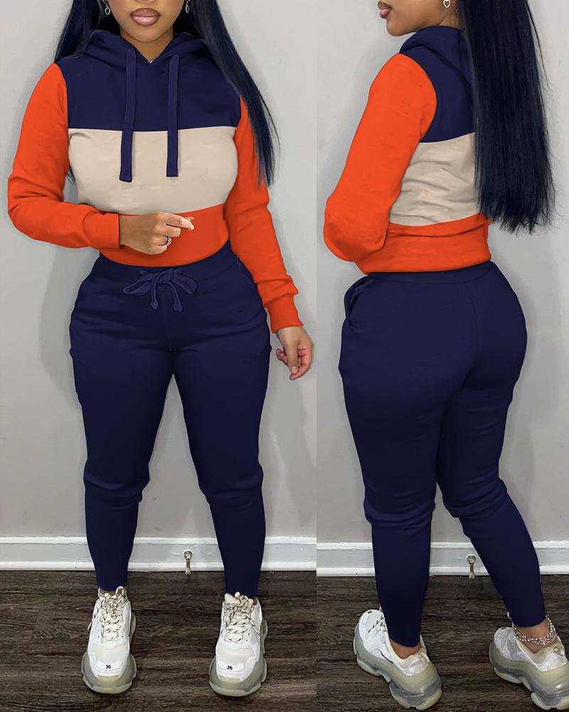 

Colorblock Long Sleeve Hoodie & Drawstring Pants Set, Blue