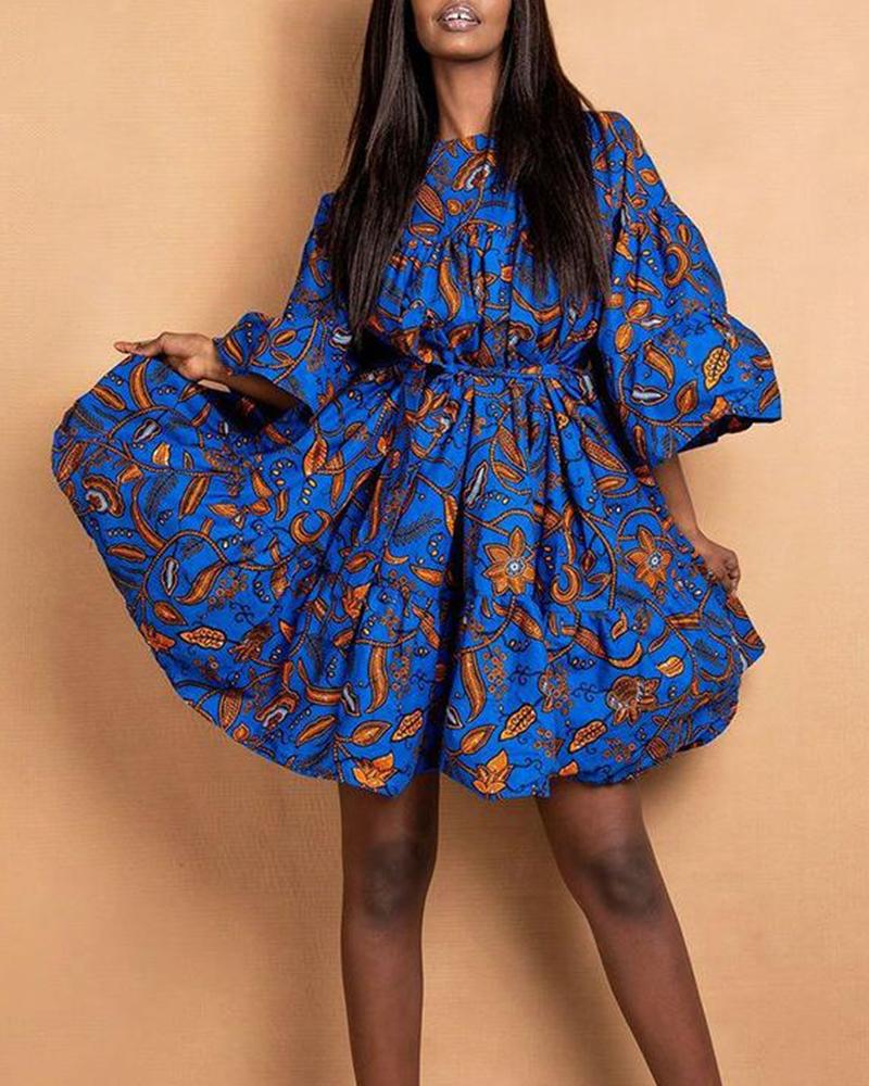 

Floral Printing Bell Seeve A-line Dress, Blue