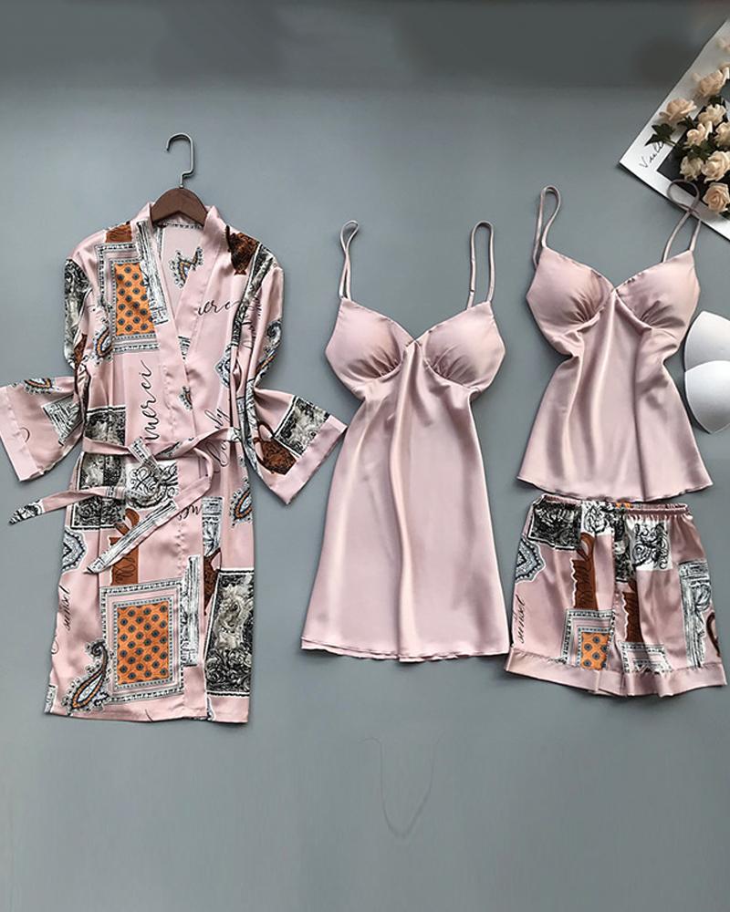 

Mixed Print Lace Trim Satin 4PCS Sleepwear Set, Pink