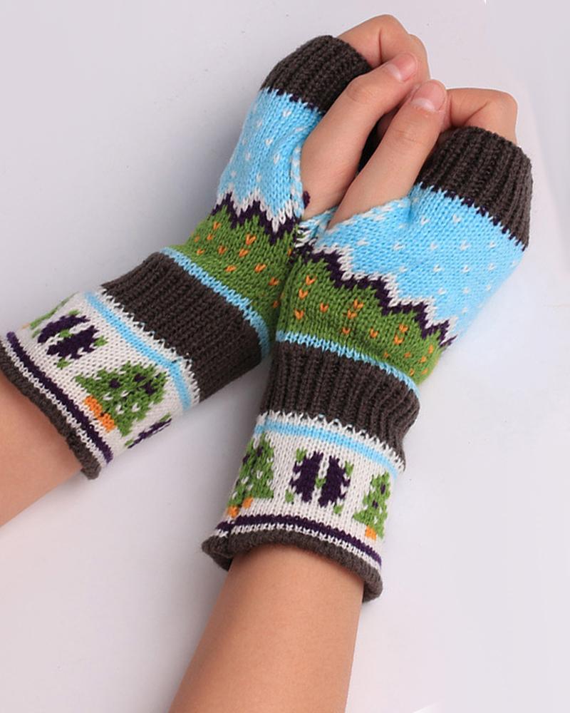 

1Pair Christmas Tree Pattern Knit Fingerless Gloves, Blue