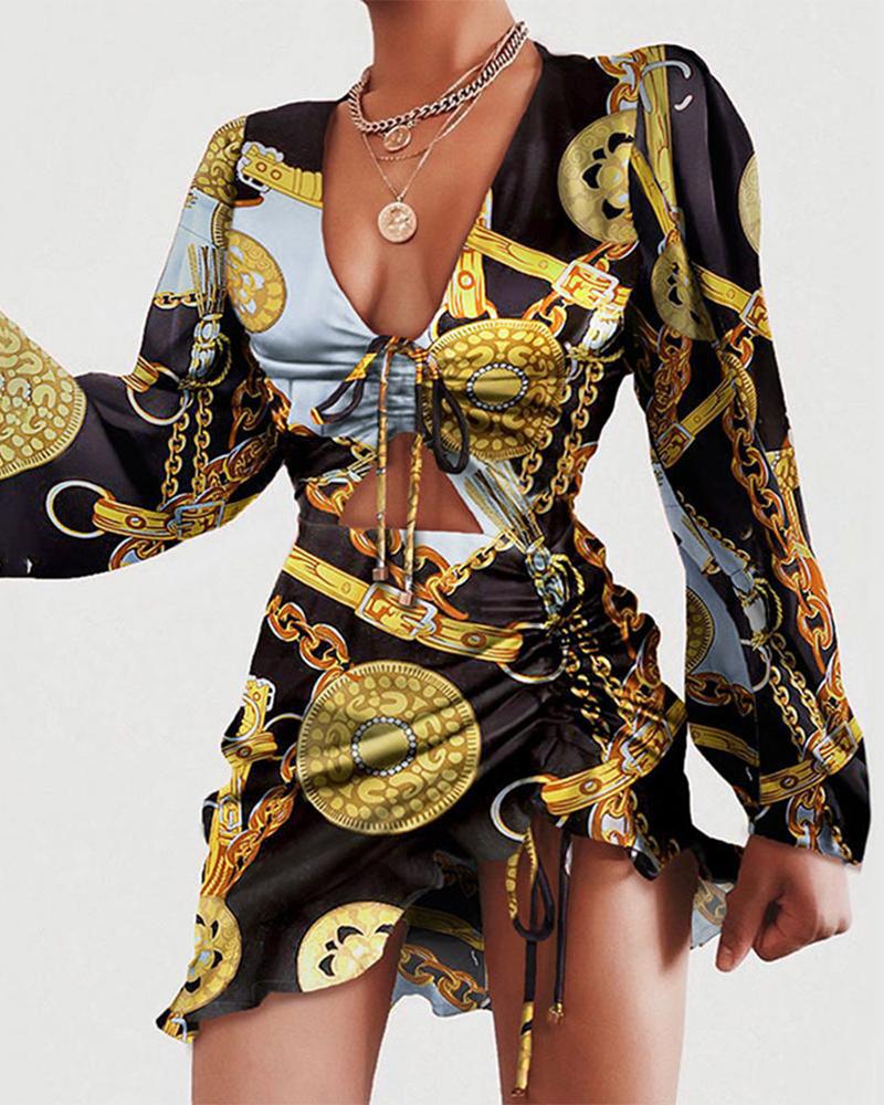 

Chain Patterns Print Long Sleeve Ruched Mini Dress, Gold