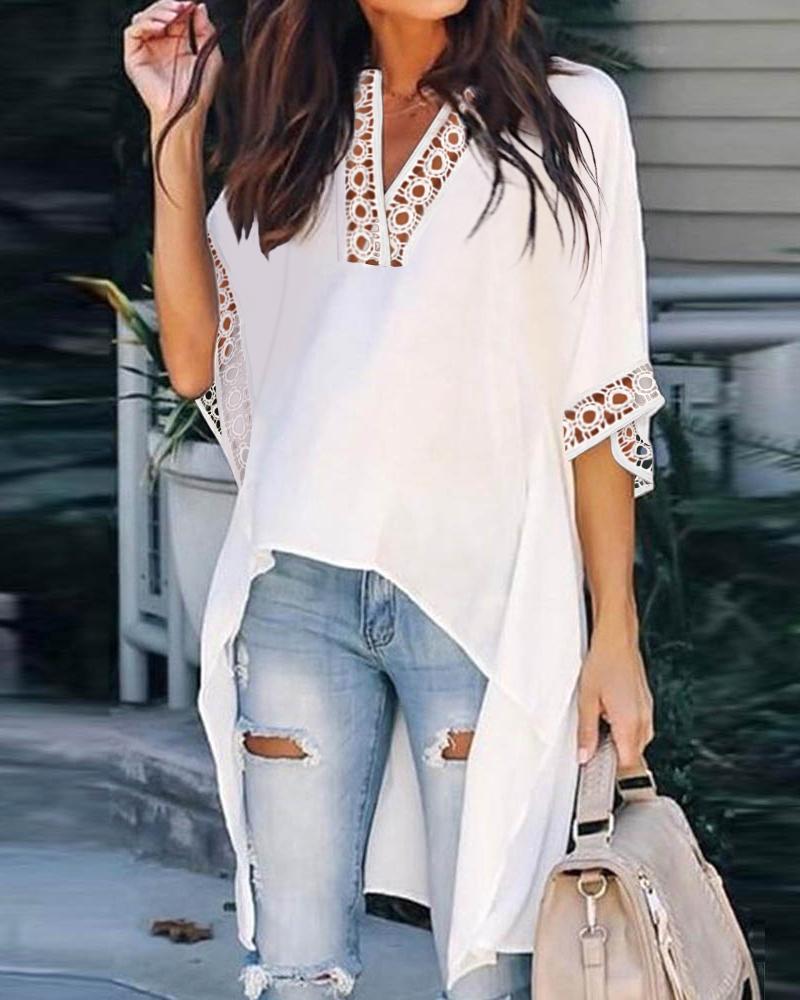 

Contrast Lace Batwing Sleeve High Low Hem Top, White